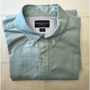 Charles Tyrwhitt Men SZ L Slim Button-down Washed Oxford Long-Sleeve Aqua/Green